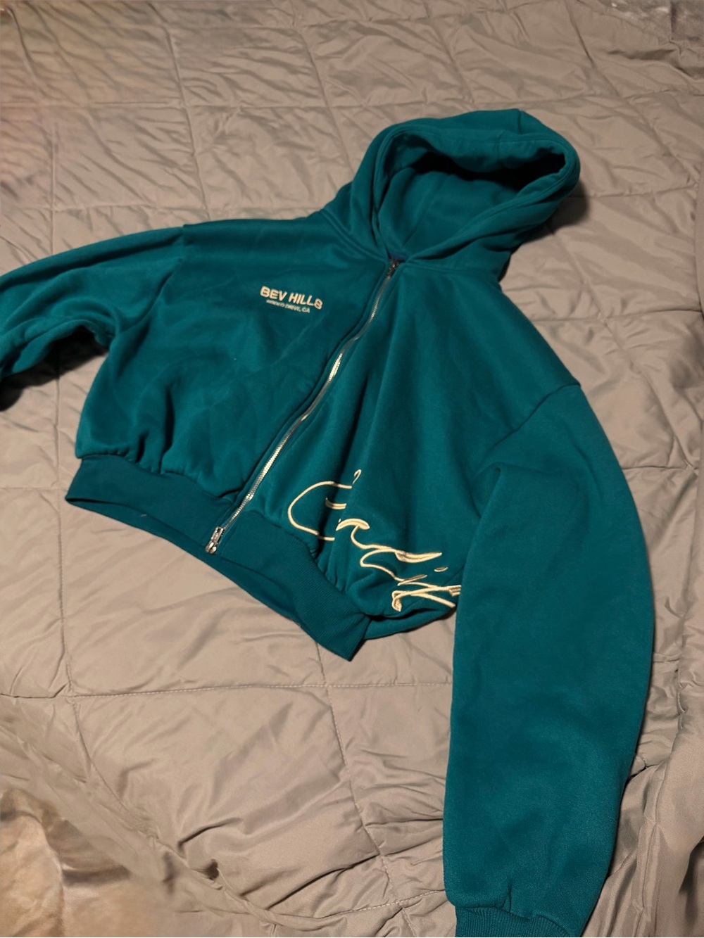 Cropped Beverly Hills Teal Zip-Up Hoodie